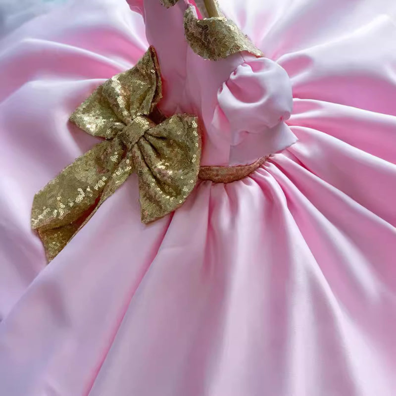 Elegant Baby Girls Pink Satin Birthday Princess Dress Toddler Christening Dresses