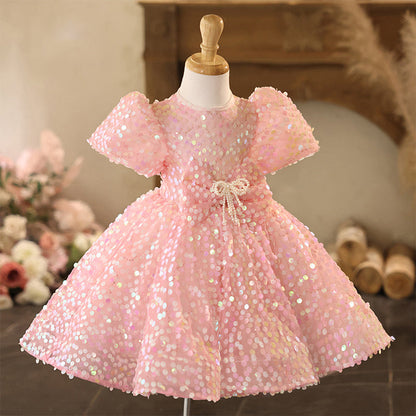 Luxurious Baby Girl Pink Sequins Dress Toddler Beauty Pageant Princess Dress