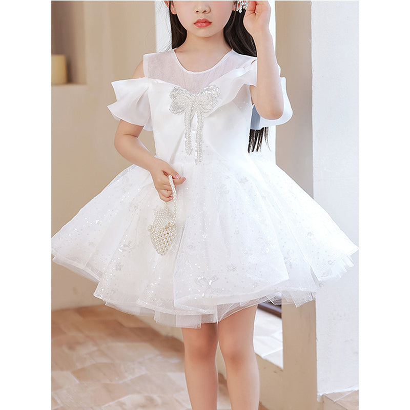 Little Girl Dress Toddler Ball Gowns White Sequins Bow Strapless Princess Baptism Dress