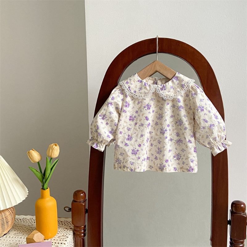 Sweet Baby Girl Floral Shirt Butterfly Sleeve Overalls Suit