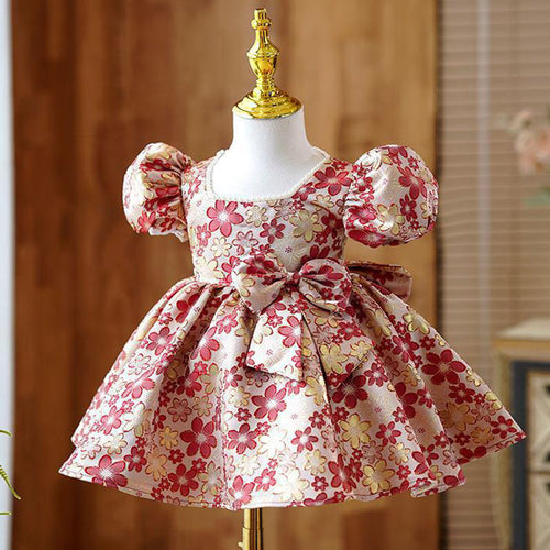 Elegant Baby Girls Red Floral Bow First Year Dress Girls Pageant Dresses