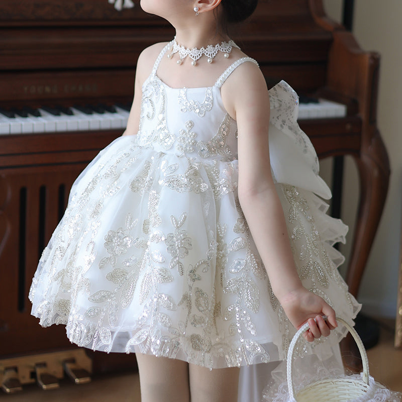 Elegant  Flower Girl White Dress Toddler Birthday Pageant Princess Dress