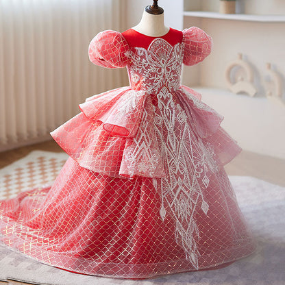 Toddler Ball Gowns Girl Pageant Rhombus Yarn Puffy Dress Pageant Princess Dress