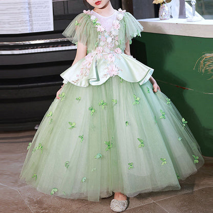 Elegant Baby Girls Green Floral Puff Sleeve Evening Dress Toddler Flower Girl Dresses