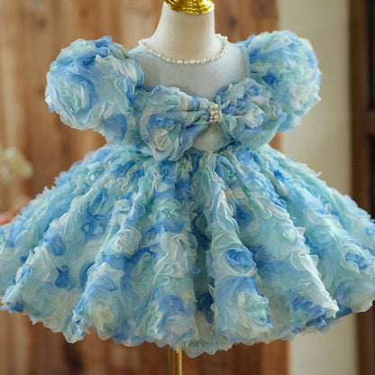 Girls Birthday Blue Rose Tutu Skirt Prom Dress