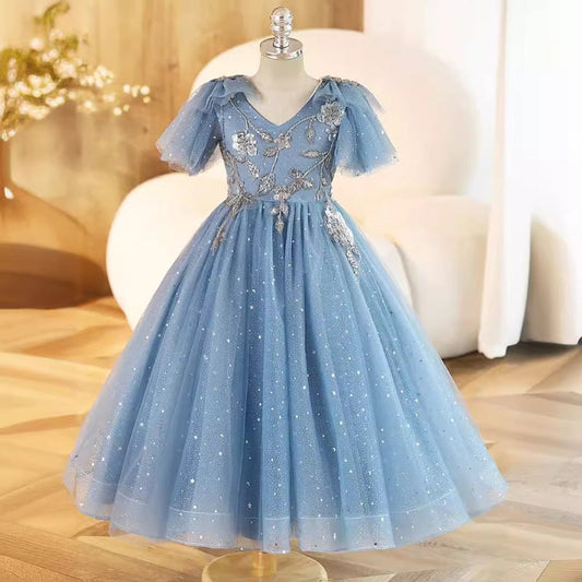 Elegant Baby Blue Sequined Long Dress Toddler Party Dresses