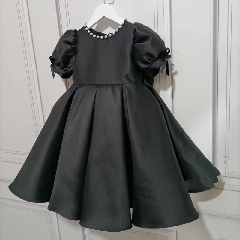 Elegant Baby Girls Black Puff Sleeve Dress Toddler Formal Dress