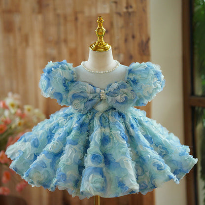 Girls Birthday Blue Rose Tutu Skirt Prom Dress