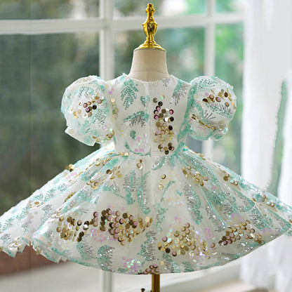 Elegant Baby Girls V Collar Floral Sequin Princess Dress Toddler Birthday Dress