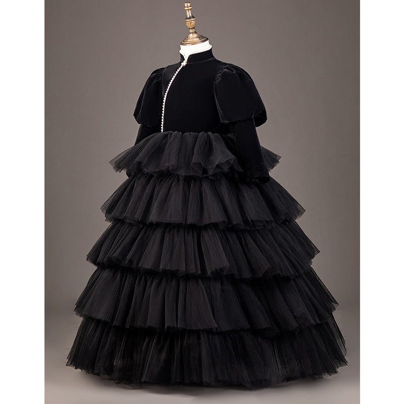 Girls Black Birthday Dress Fluffy Skirt with Pearls and Bow