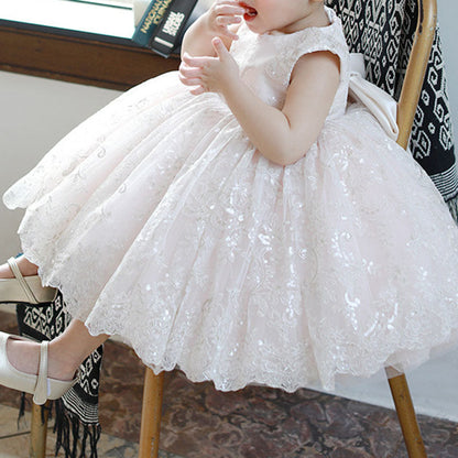 Sweet Baby Girls Sleeveless White Patterned Mesh Puffy Princess Dress Toddler Baptism Dresses