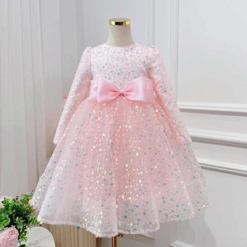 Sweet Baby Girls Sequined Long Sleeve Performance Dress Little Girl Dresses