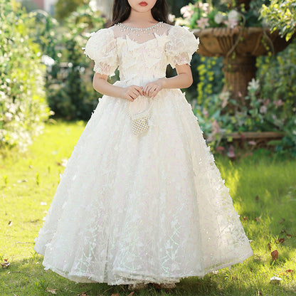 Flower Girl Dress Girl Summer White Puff Sleeve Butterfly Sequins Birthday Party Dress