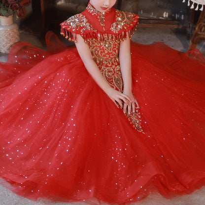 Girls Red Elegant Dress Children's Puffy Tulle Princess Dress