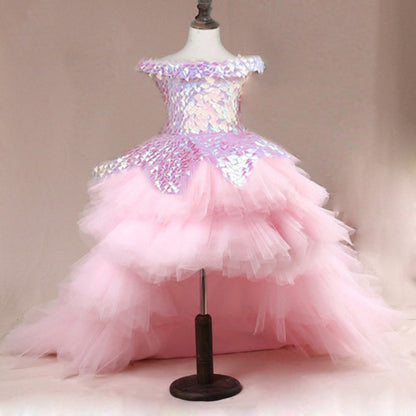 Elegant Baby Girls Pink One Shoulder Sequin Short Tail Princess Dress Princess First Year Dress