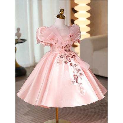 Girls Pink Birthday Dress Princess Dress with Flowers