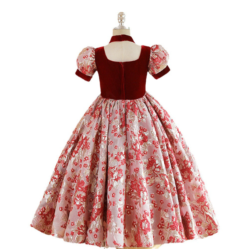 Elegant Baby Girl Burgundy Floral Square Neck Puff Sleeve Pleated Princess Dress Toddler Ball Gowns Toddler Prom Dress