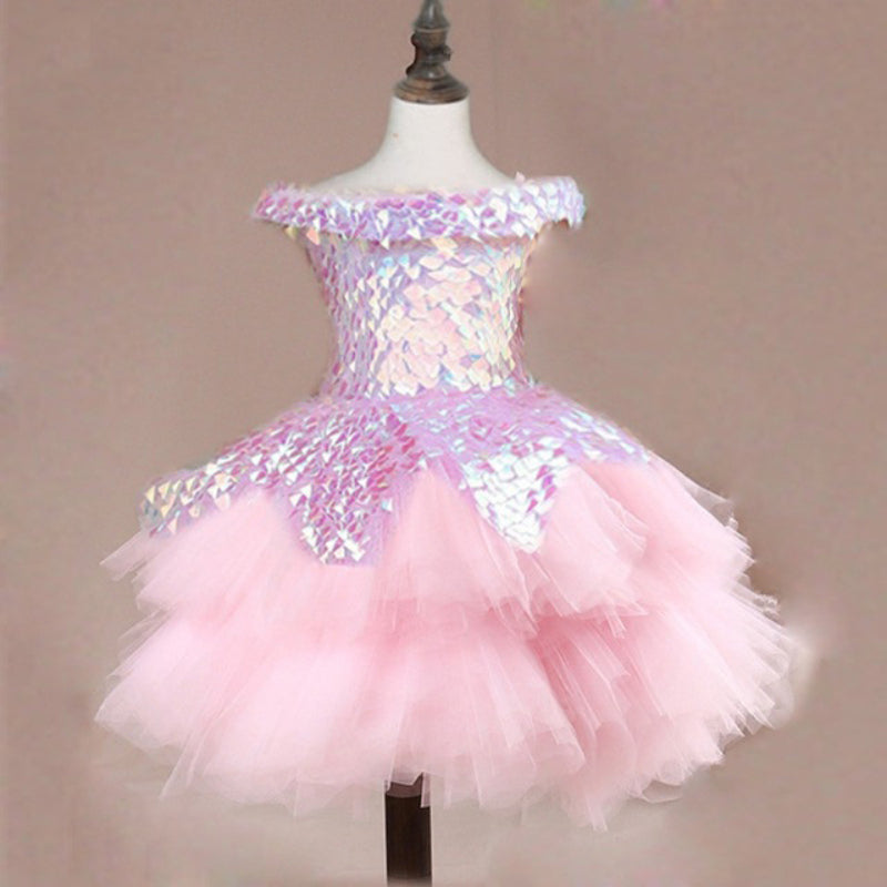 Elegant Baby Girls Pink One Shoulder Sequin Short Tail Princess Dress Princess First Year Dress