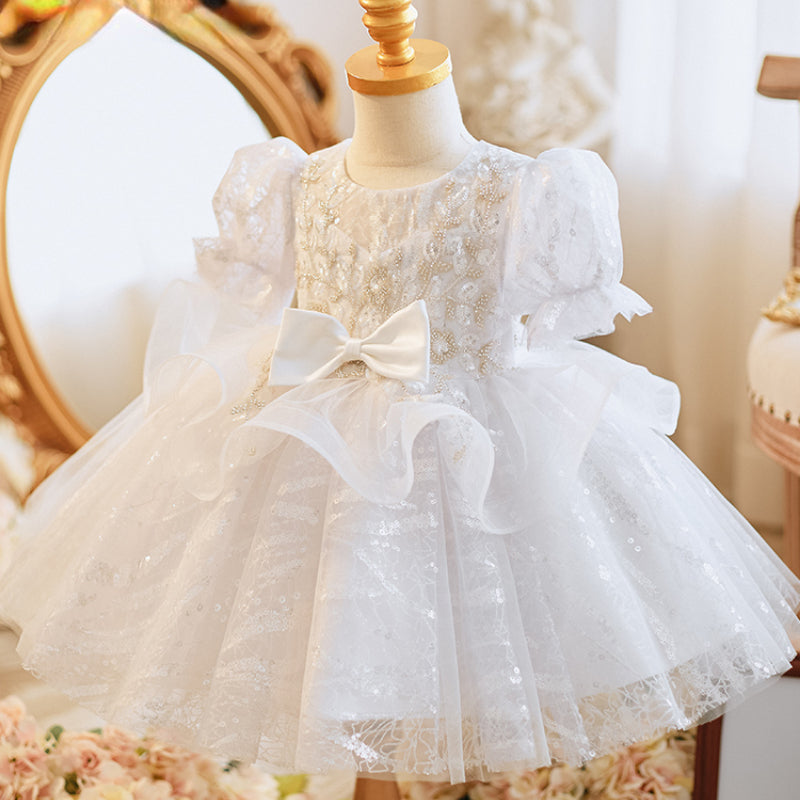 Sweet Baby Girls Puff Sleeve Mesh Princess Tutu Dress Toddler Baptism Dresses