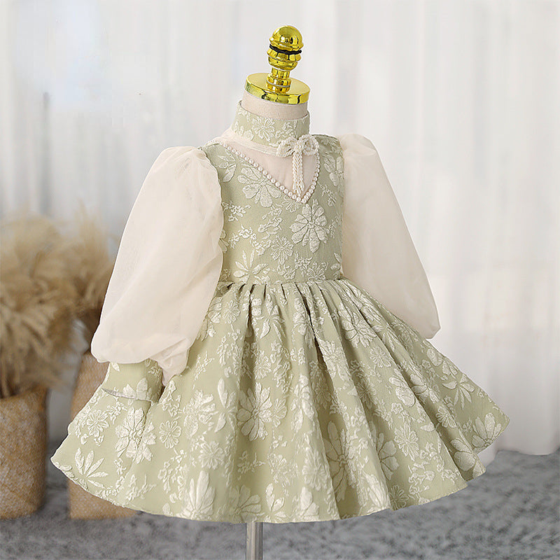 Elegant Baby Girls Green Puff Sleeve Embroidered Christening Dress Toddler Birthday Costume Princess Dress