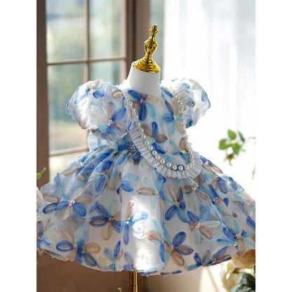 Elegant Baby Girls Blue Floral Puff Sleeve Princess Dress Toddler Prom Evening Dress