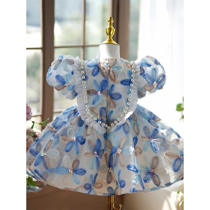 Elegant Baby Girls Blue Floral Puff Sleeve Princess Dress Toddler Prom Evening Dress