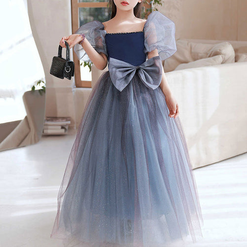 Sweet Baby Girls Blue Gray Puff Sleeve Bow Mesh Long Skirt Toddler Birthday Party Princess Dress