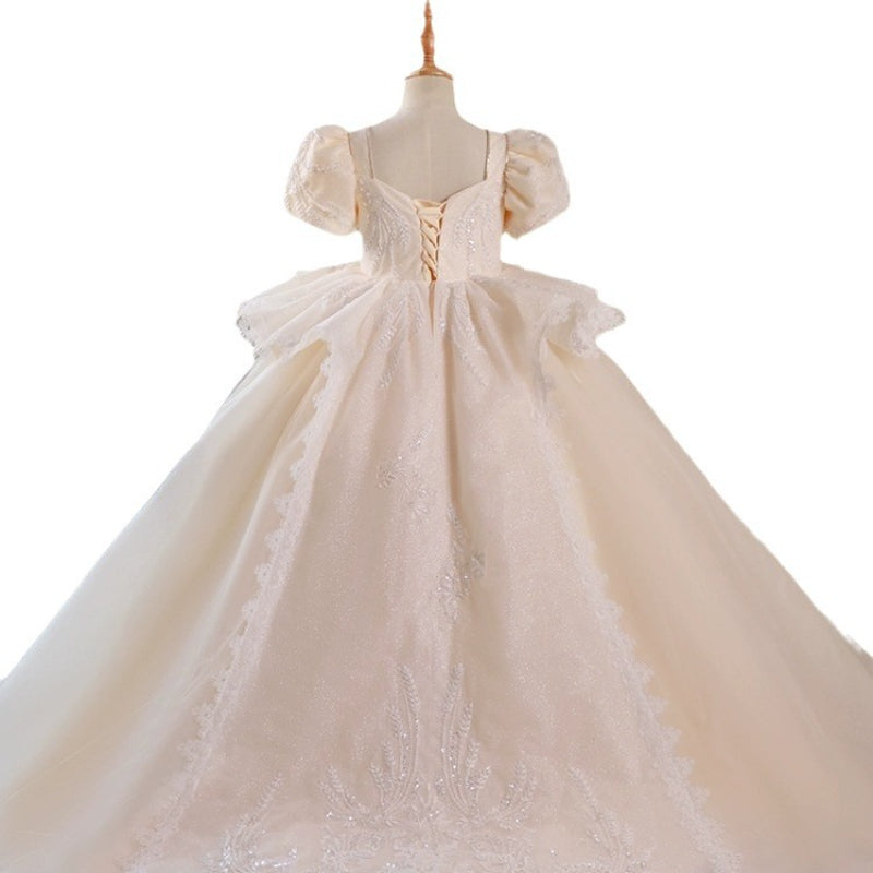 Elegant Baby Puff Sleeve Pattern Strappy Princess Dress Toddler's First Christening Dress