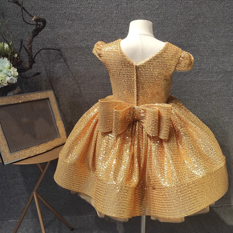 Elegant Baby Girl Gold Sequin Dress  Toddler First Communion Princess Dress