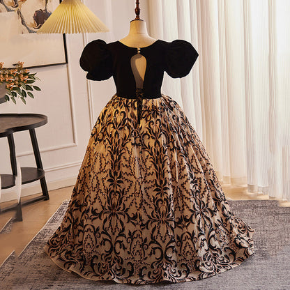 Elegant Baby Girls Black and Gold Puff Sleeve Pattern Princess Dress Toddler Prom Dress