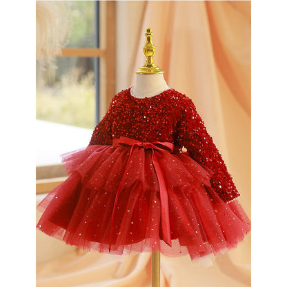 Girl Christmas Dress Baby Girl Dress Toddler Prom Dress Princess Red Sequin Long Sleeve Puffy Dress