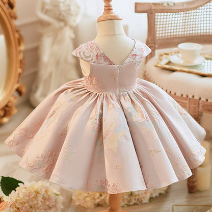 Elegant Baby Girls Pattern Bow Christening Dresses Toddler Party Princess Dresses