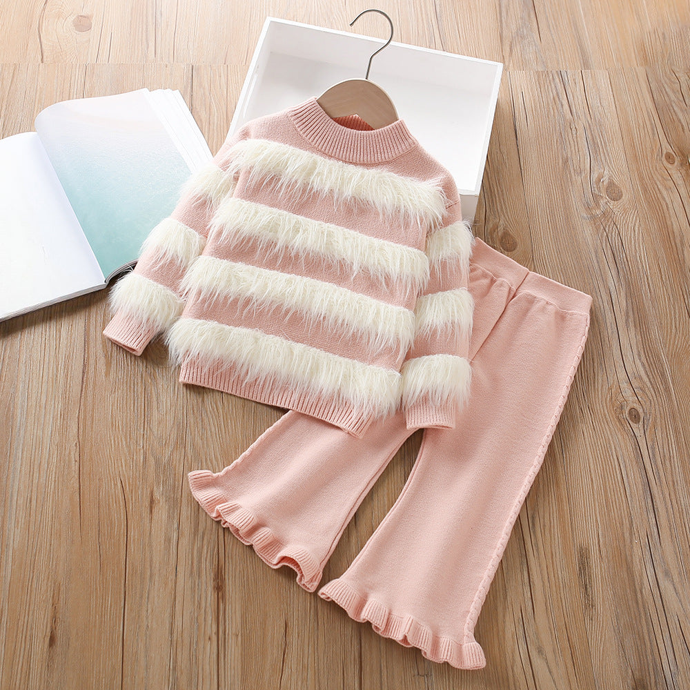 Girls' Wool Knitted Long-sleeved Pants Sweater Two-piece Suit