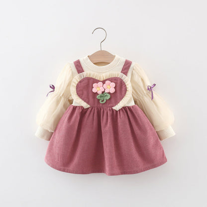 Two Flower Suspender Dress Corduroy Puff Sleeve Spliced Dress