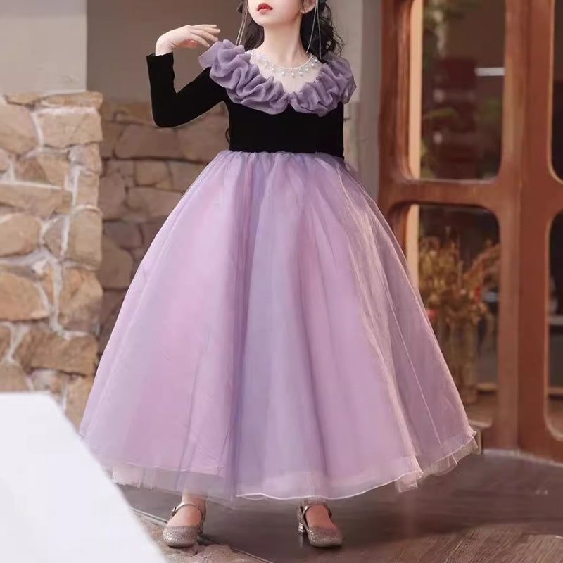 Girls Birthday Long Sleeve Dress Children Purple Puffy Princess Dress