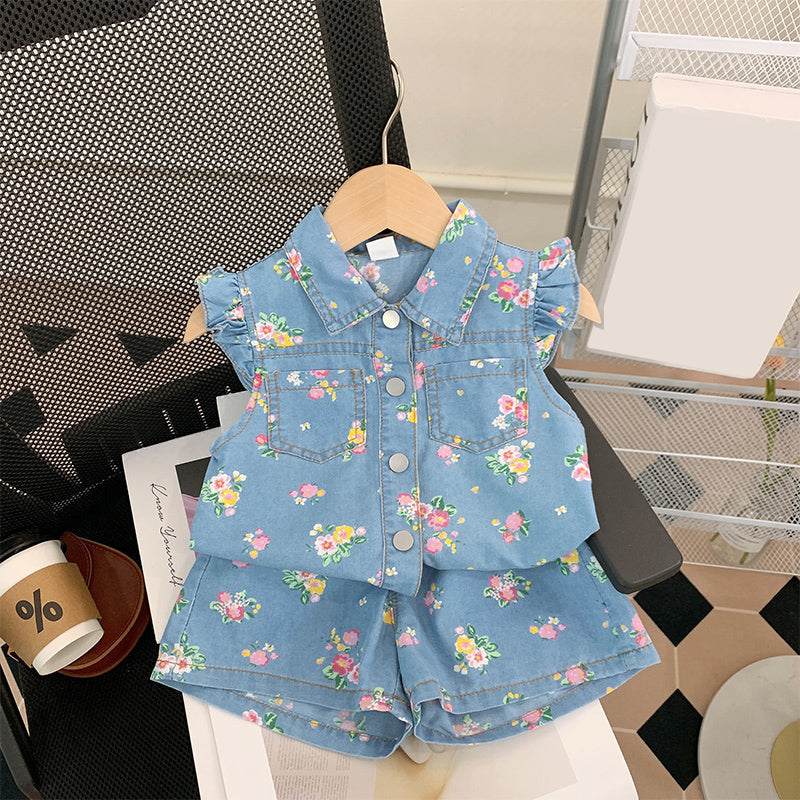 Sweet Baby Girl Floral Denim Butterfly Sleeve Top and Shorts Two-piece Set