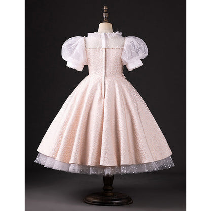 Girls Puff Sleeve Birthday Dress Pink Princess Dress with Bow