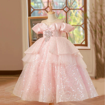 Elegant Baby Pink Mesh Sequin Puff Dress Toddler Girl Formal Dresses