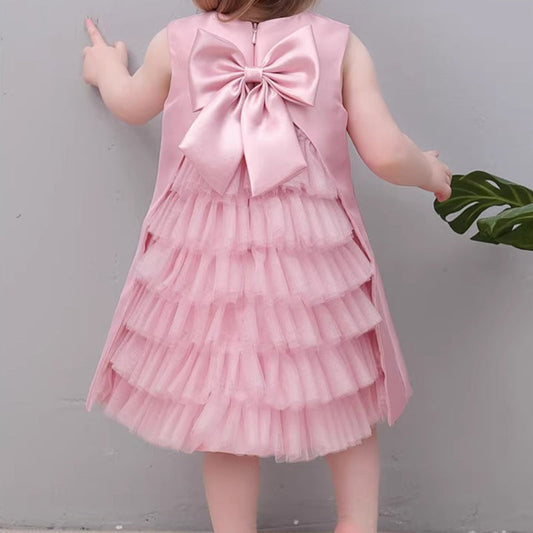 Elegant Baby Girls Pink Embroidered Sleeveless Dress Toddler Flower Girl Puffy Princess Gauze Dress