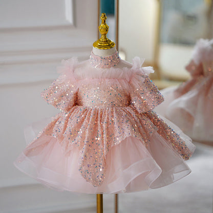 Toddler Prom Dress Girl Summer Pink Birthday Party Net Yarn Sequin Puffy Dress