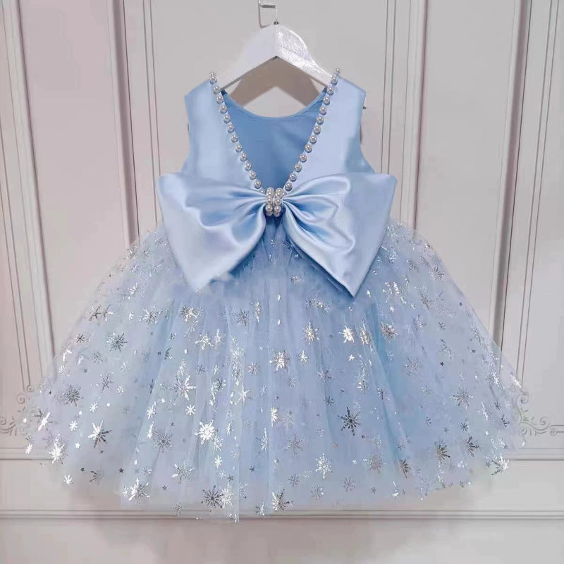 Elegant Baby Girls V-neck Mesh Big Pearl Princess Dress Toddler Prom Dress