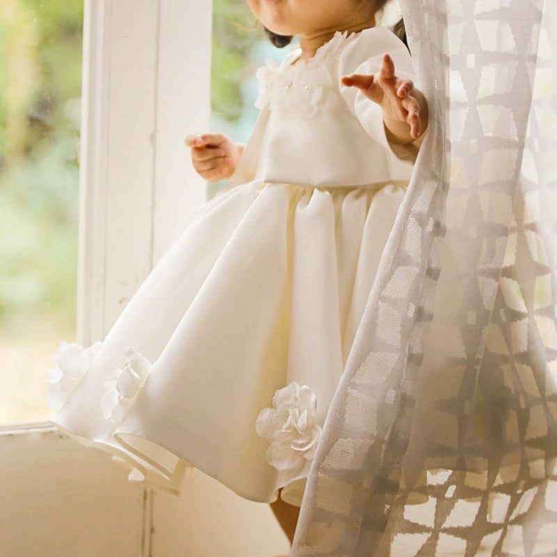 Elegant Baby White Bow Birthday Puffy Dresses Toddler Christening Dresses