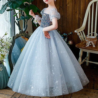 Elegant Baby Girls Blue Puff Sleeve Sequined Mesh Flower Girl Princess Dress Toddler Girls Pageant Dresses