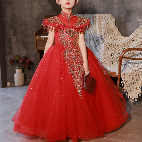 Girls Red Elegant Dress Children's Puffy Tulle Princess Dress