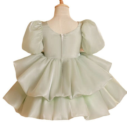 Elegant Baby Girls Green Puff Sleeve Beauty Pageant Dress Toddler Birthday Costume Princess Dress