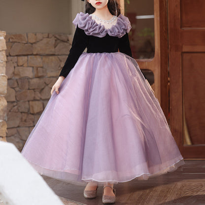 Girls Birthday Long Sleeve Dress Children Purple Puffy Princess Dress