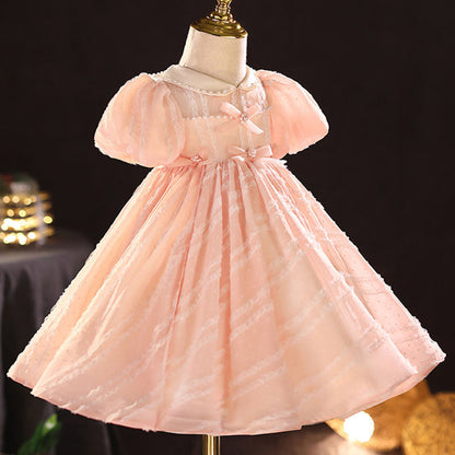 Sweet Baby Pink Puff Sleeve Doll Collar Princess Dress Toddler Bow Flower Girl Dress