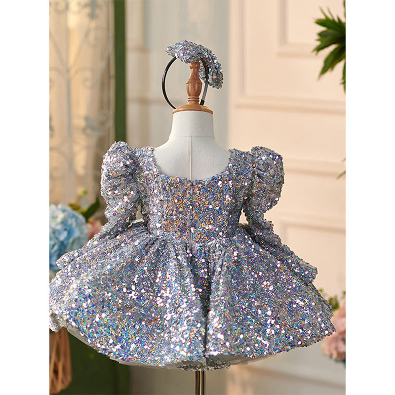 Girls Christmas Dress Grey Sequins Puffy Dress Toddler Birthday Princess Dress