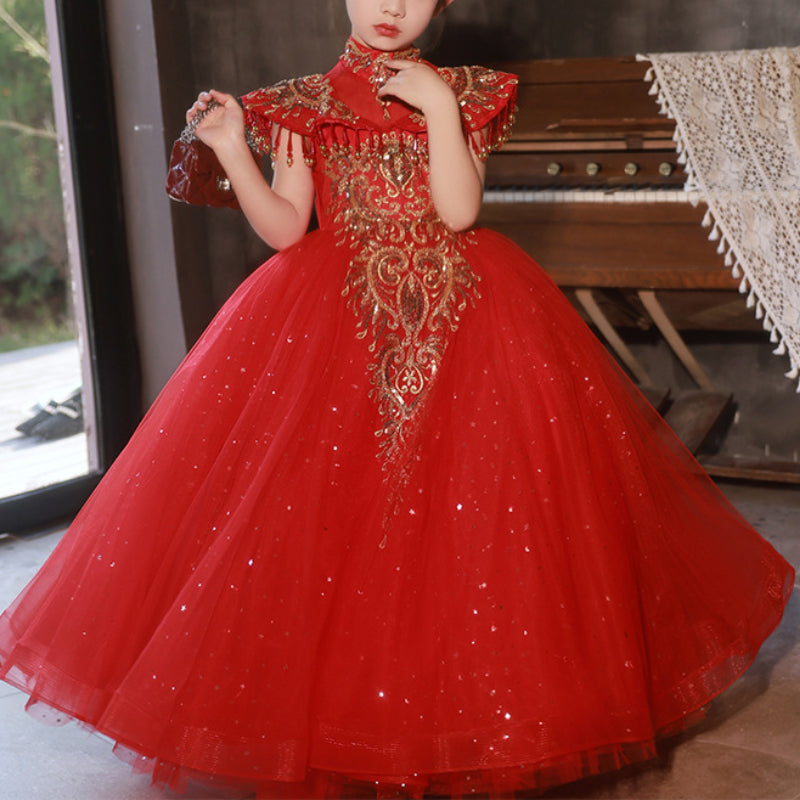 Girls Red Elegant Dress Children's Puffy Tulle Princess Dress