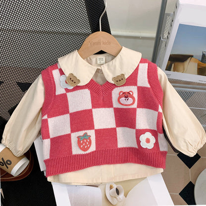 Sweet Baby Girl Doll Collar Red and White Plaid Bear Jeans Suit